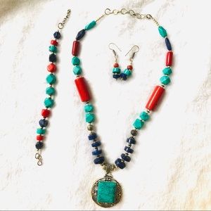 Turquoise necklace set with Coral and Lapis Lazuli